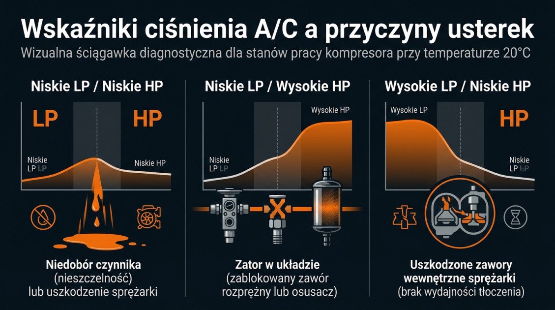 Wskaźniki ciśnienia A/C a przyczyny usterek